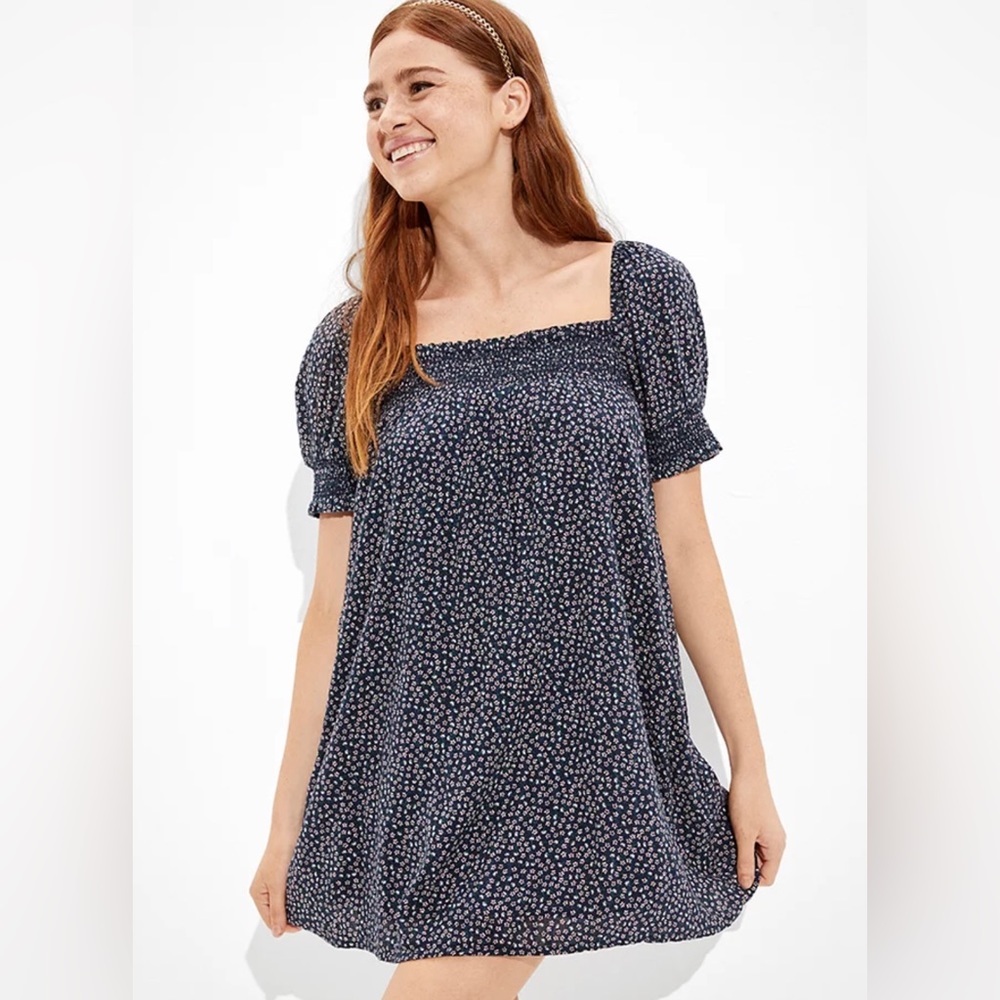 American Eagle Floral Smocked Puff-Sleeve Babydoll Dress